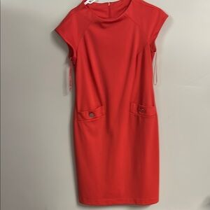 Coral Sheath Mini Dress with Mock Neck and Cap Sleeves